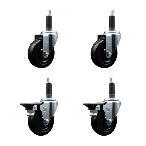4'' Hard Rubber Wheel Swivel 1'' Expand Stem Caster Set 2 Brakes, 4PK